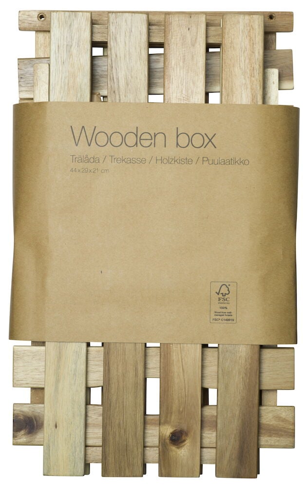 En trälåda i akacia med pappersband runt.