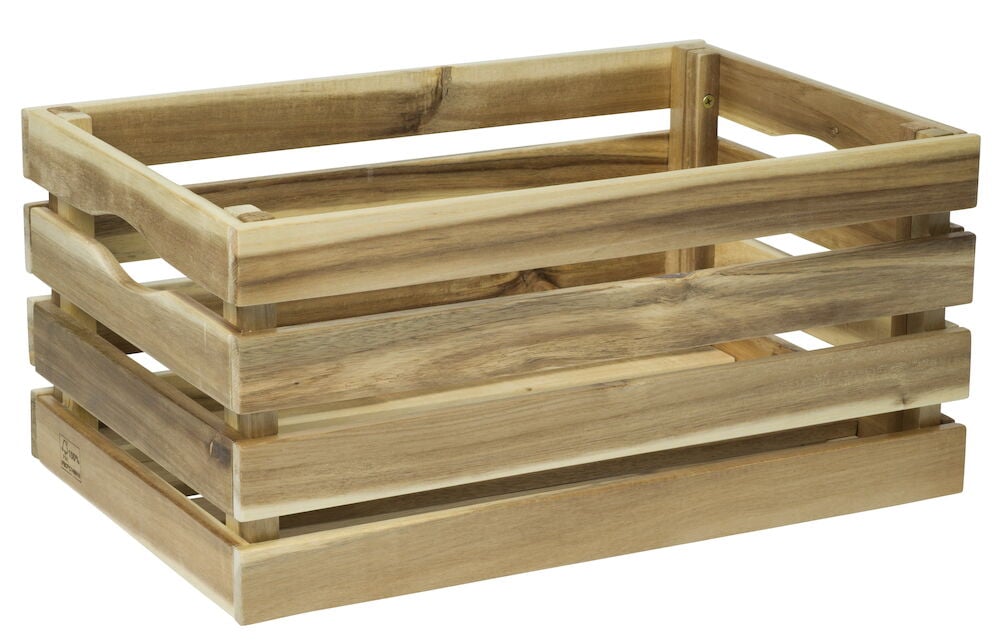 Suorakulmainen akasiasta valmistettu puulaatikko avoimilla sivuilla.