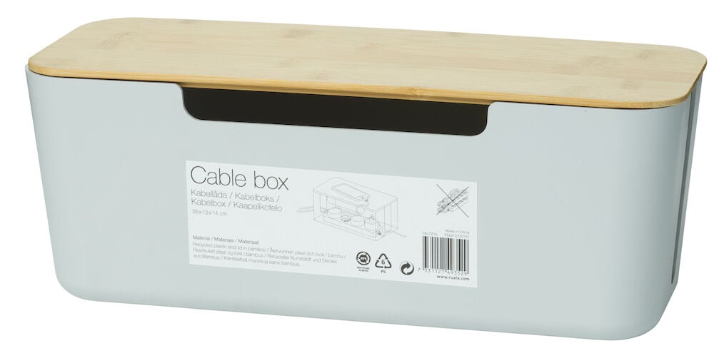 Kabellåda i ljus plast med bambulock.