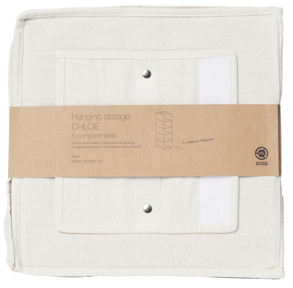 Beige hängende Aufbewahrung mit fünf Fächern.