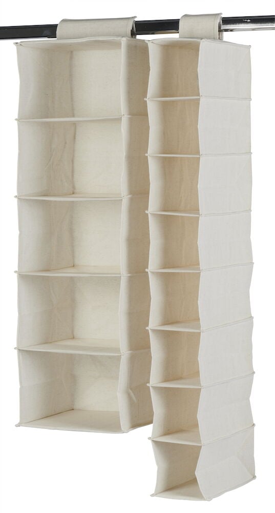 Beige hängende Aufbewahrung mit fünf Fächern.
