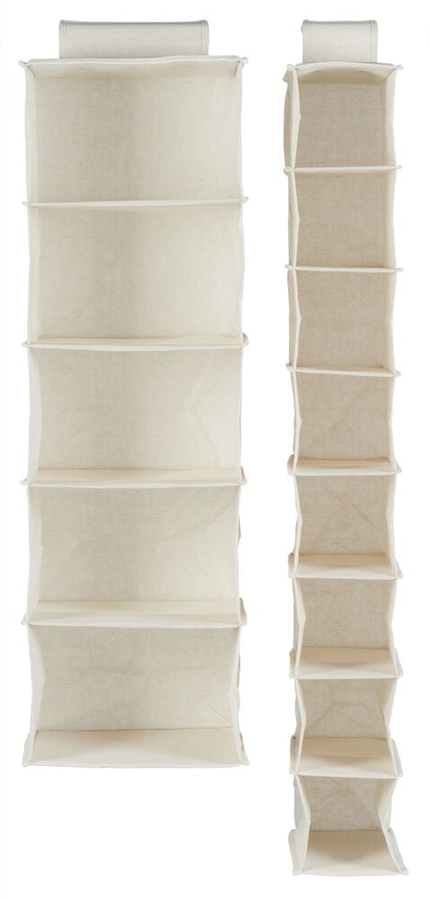 Beige hängende Aufbewahrung mit fünf offenen Fächern.
