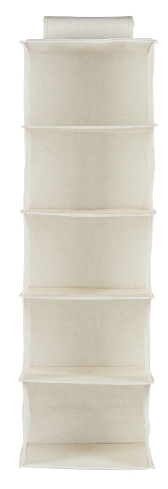 Beige hängende Aufbewahrung mit fünf leeren Fächern.