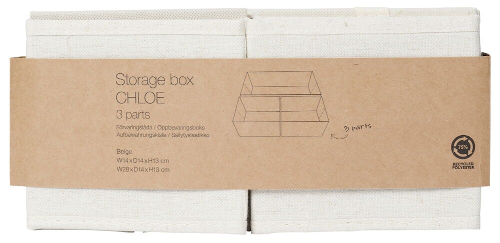 Kolme beigeä, taitettavaa säilytyslaatikkoa, pellavatyylinen ulkoasu.