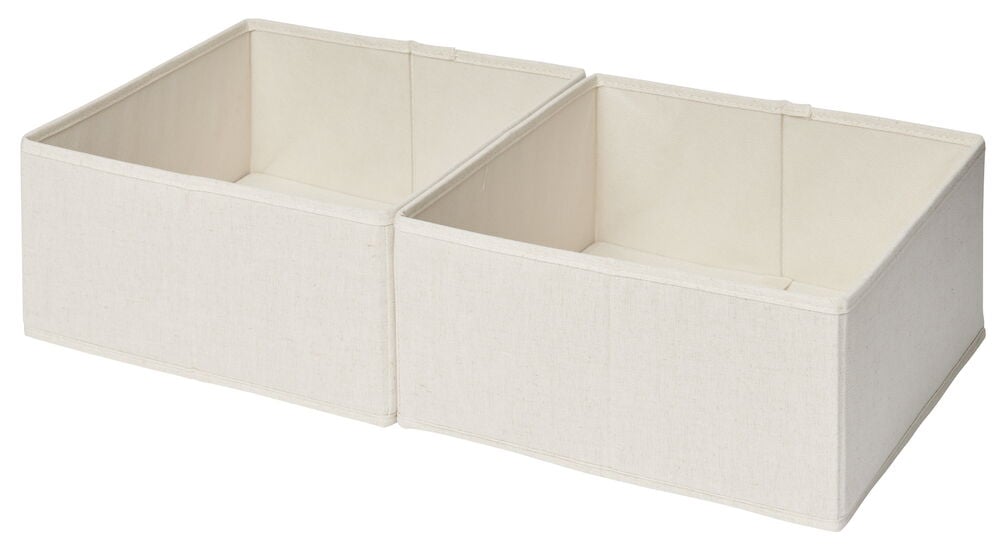 Kaksi beigeä taitettavaa säilytyslaatikkoa pellavalookilla.