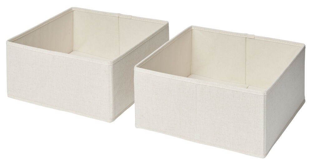 To beige sammenleggbare oppbevaringsbokser i linlook.
