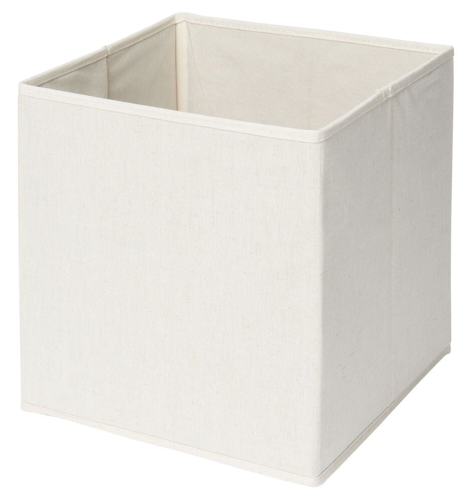 Beige, sammenleggbar oppbevaringsboks med linlignende overflate.