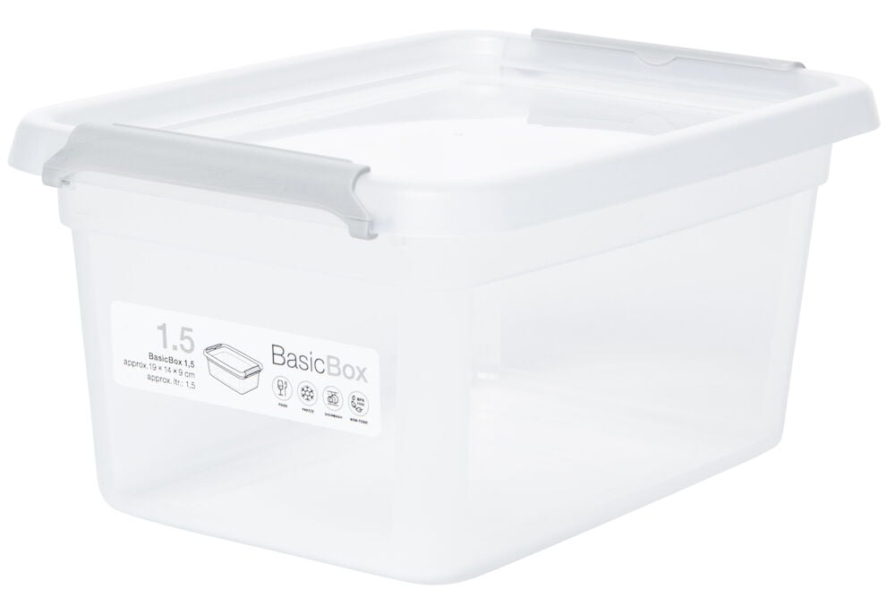 Genomskinlig plastlåda med lock och gråa clips.