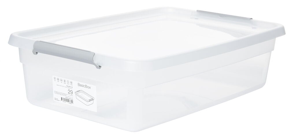 Transparent förvaringslåda med lock och grå handtag.