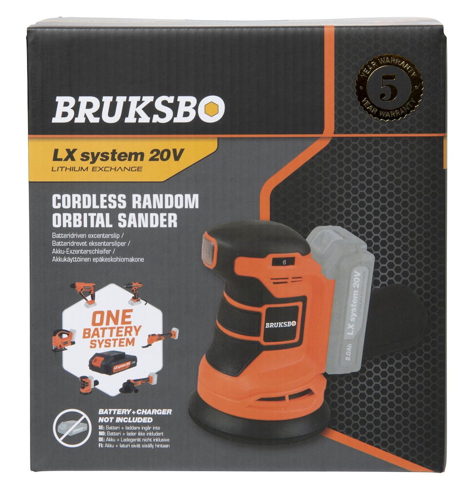 Batteridriven excenterslip i orange och svart kartong.