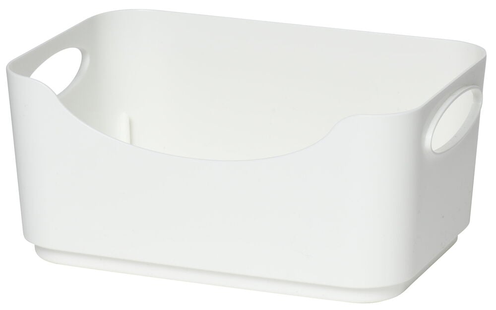 Vit öppen plastlåda med handtag och rundade hörn.