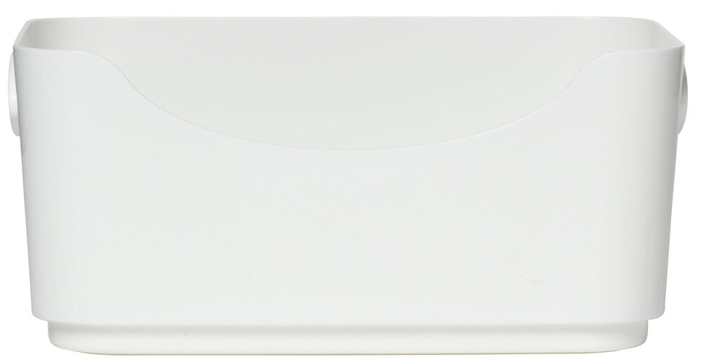 Valkoinen kanneton muovinen avoin säilytyslaatikko.