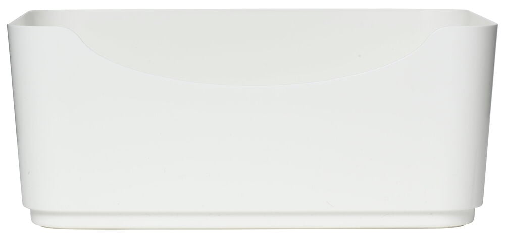 Valkoinen avoin muovilaatikko ilman kantta.