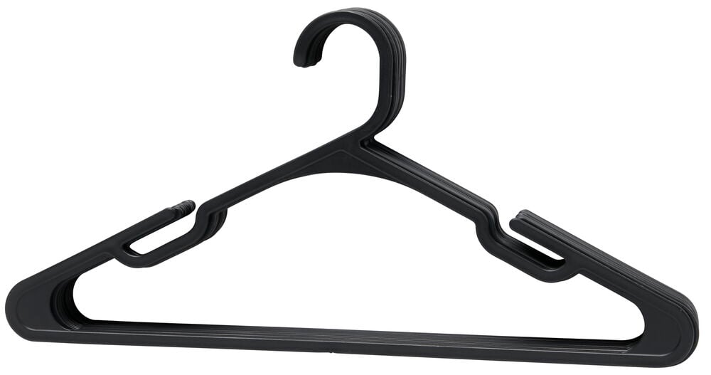 Svart plastgalge med krok och spår för plagg.