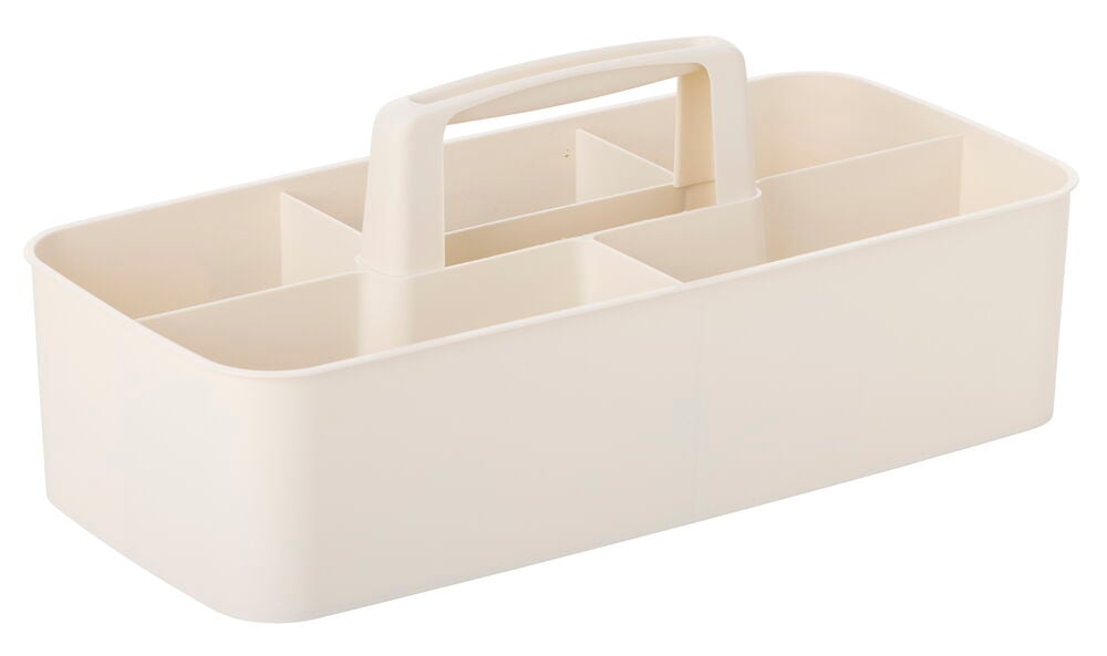 Beiger Organizer mit Griff 13x15x32,5 cm, mit mehreren Innenfächern.