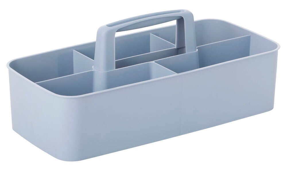 Hellblauer Organizer mit Griff und mehreren Fächern.