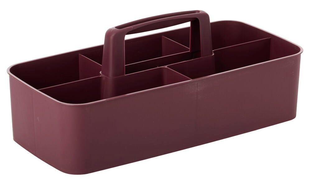 Ein dunkelroter Organizer aus Kunststoff mit integriertem Griff und mehreren Innenfächern.