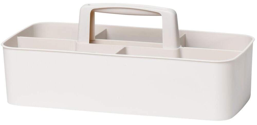 Valkoinen säilytyslaatikko, jossa on kahva ja viisi lokeroa.