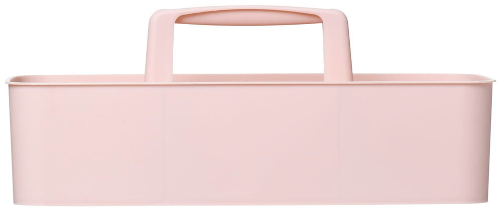 Vaaleanpunainen suorakaiteen muotoinen säilytyslaatikko, jossa on kahvat.
