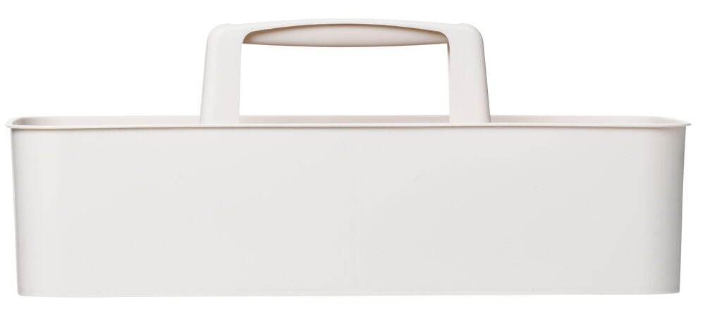 Valkoinen säilytyslaatikko kahvoilla ja avoin muotoilu.