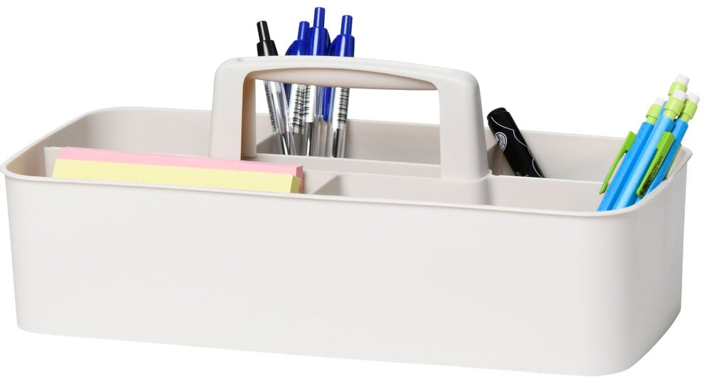 Valkoinen säilytyslaatikko kahvoilla ja kynillä.