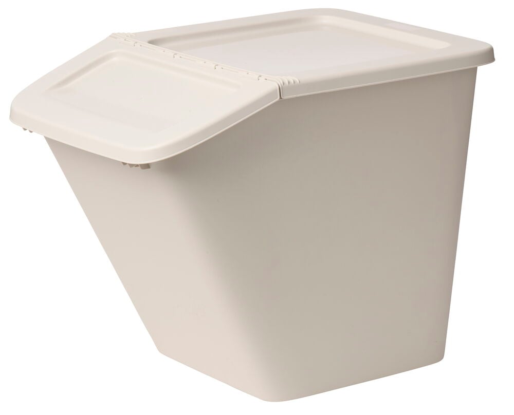 Beige förvaringslåda med vikbart lock och plastmaterial.