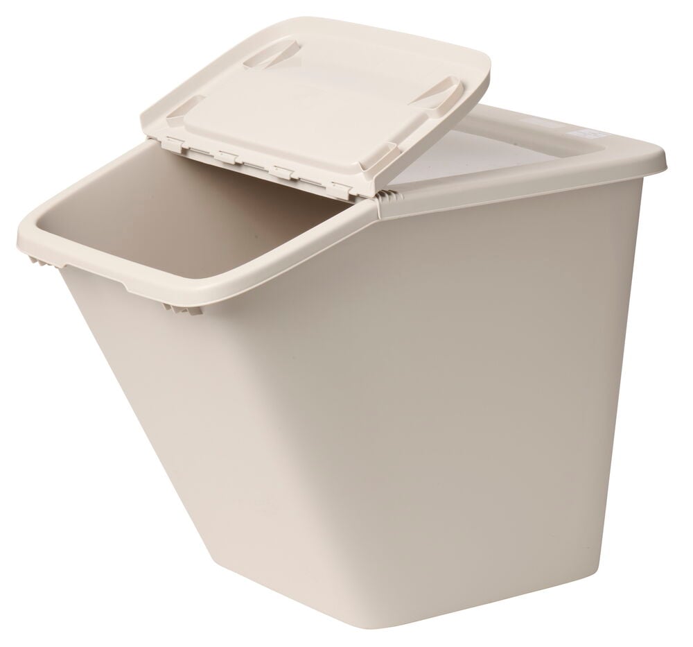 Beige muovilaatikko, jossa on avattava taittokansi.