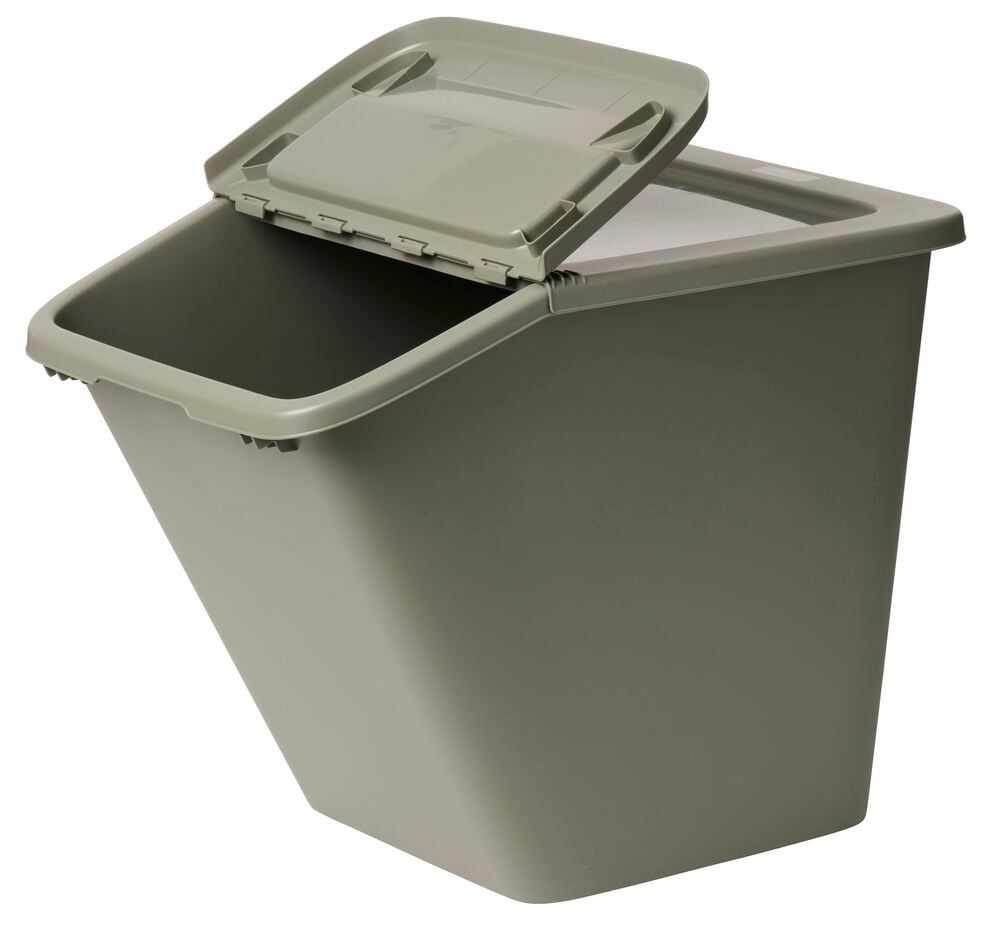 Vihreä pinottava muovilaatikko avoimella taittokannella.