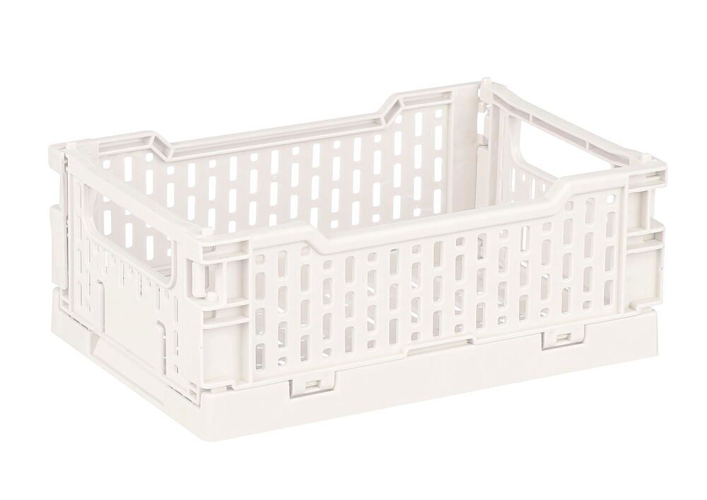 Vit hopfällbar plastback med handtag och ventilerade sidor.