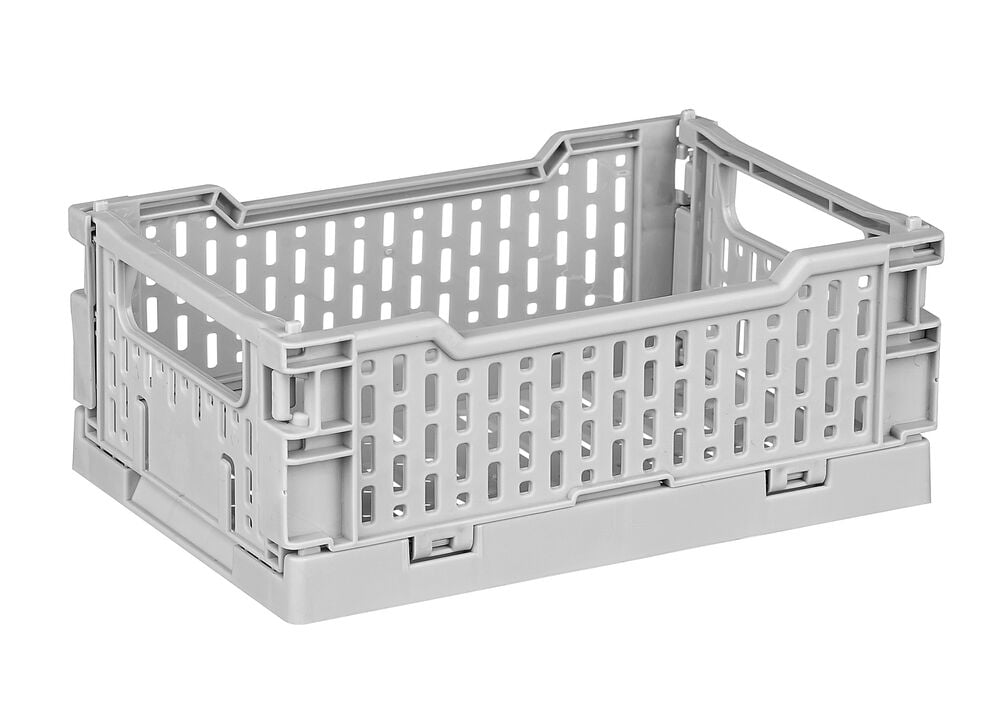 Grå hopfällbar plastback med perforerade sidor.