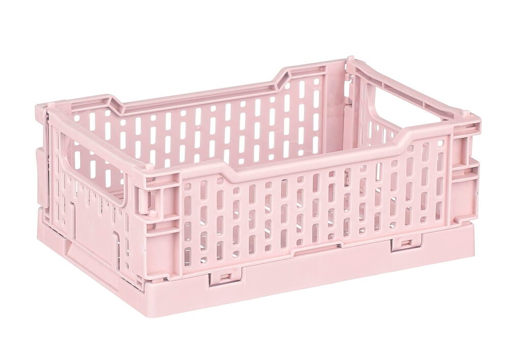 Liten hopfällbar rosa plastback med öppna sidor.