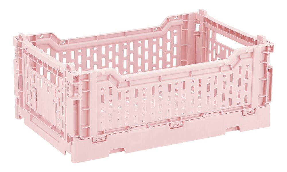 Rosa hopfällbar plastback med öppna sidor.