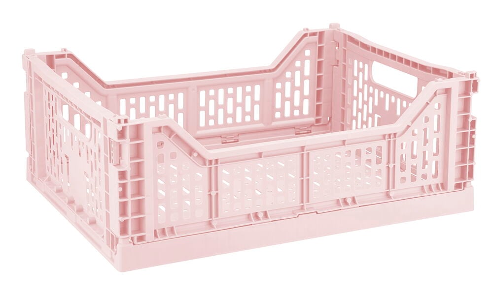 Ljusrosa hopfällbar plastback med öppna sidor.