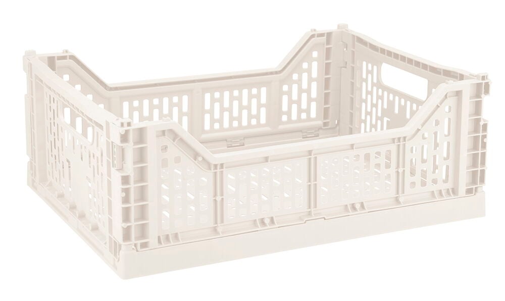 Vit hopfällbar plastback för praktisk förvaring.