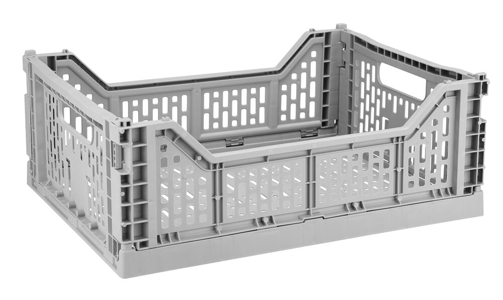 Grå hopfällbar plastback med perforerade sidor.