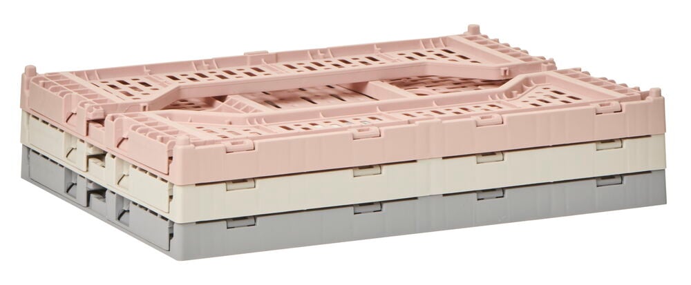 Hopfälld förvaringsback i plast, tre blandade färger.