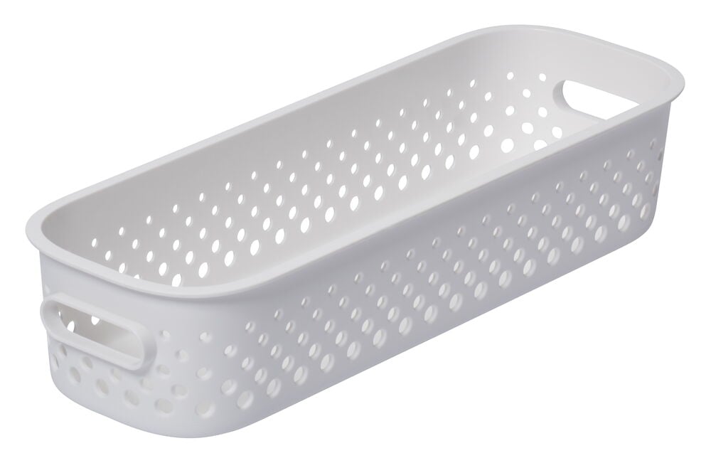 Vit, rektangulär plastkorg med handtag och hålmönster.