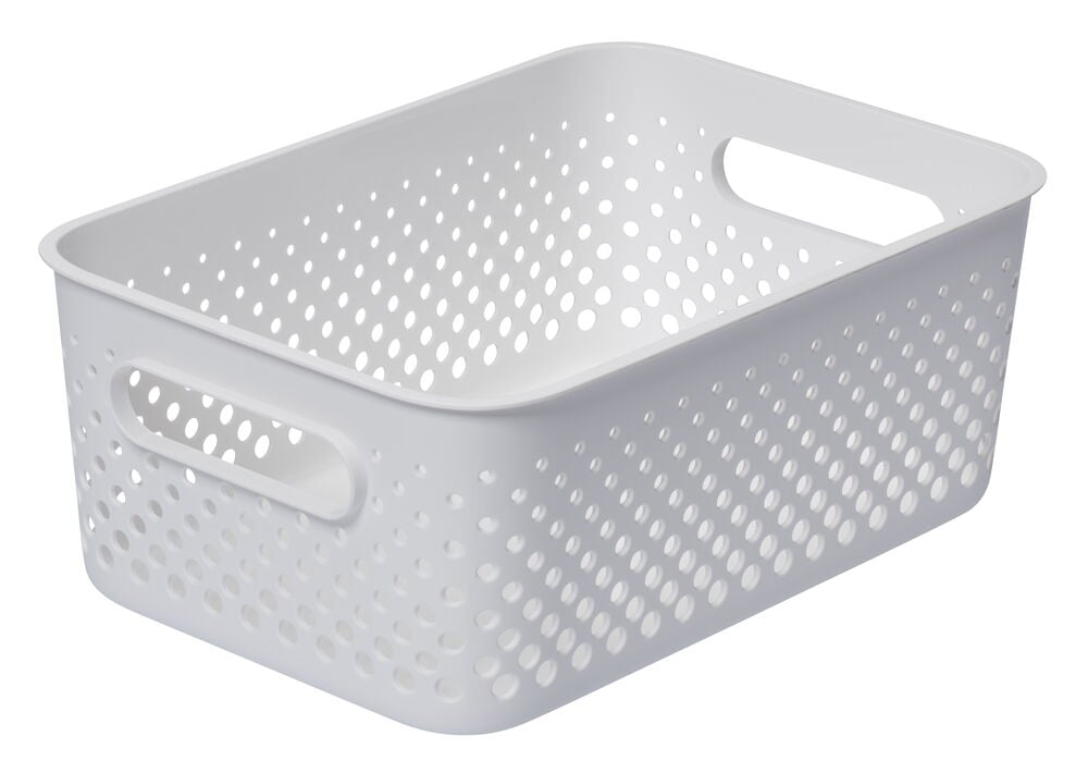 Vit stapelbar förvaringslåda med hål och handtag.
