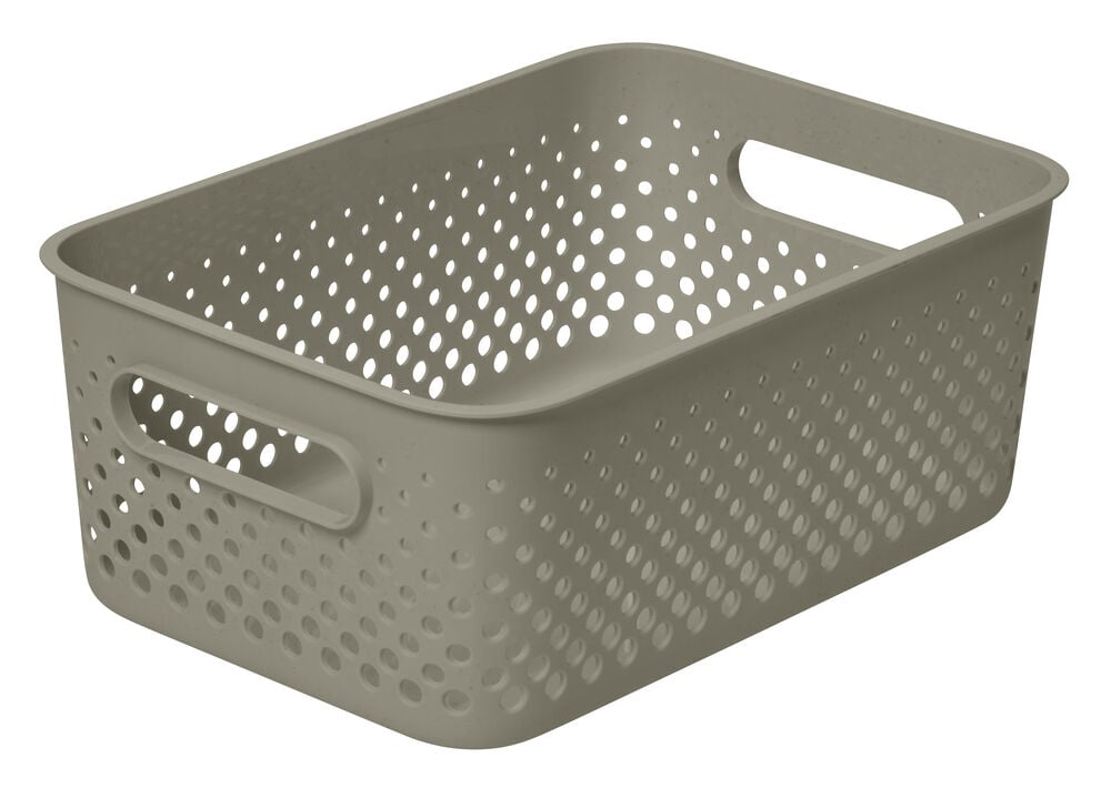 Grön förvaringslåda med hål och integrerade handtag.