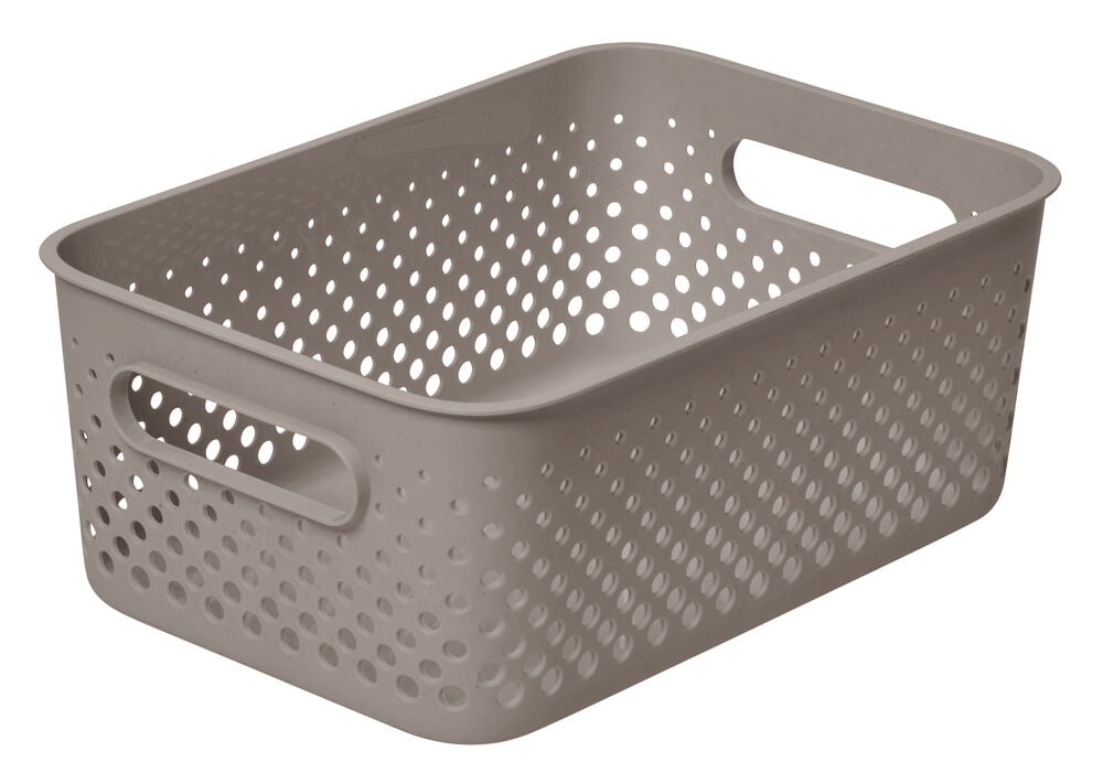 Beige plastkorg med hål och handtag.