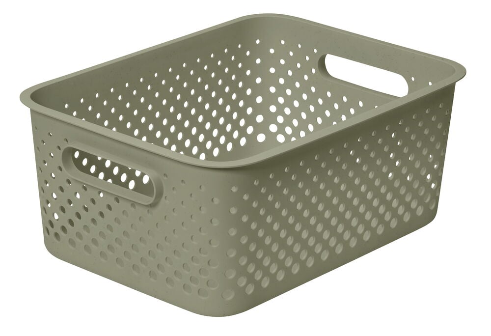 Grön förvaringslåda med hål och integrerade handtag.