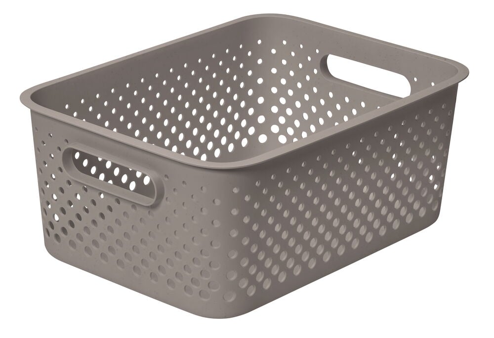 Beige förvaringslåda i plast med hålmönster och handtag.