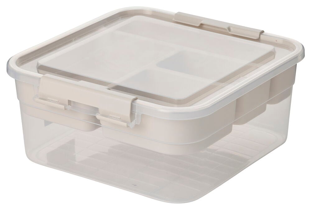 Eine transparente rechteckige Aufbewahrungsbox mit beigem Facheinsatz und klarem Deckel mit beigen Verschlüssen.