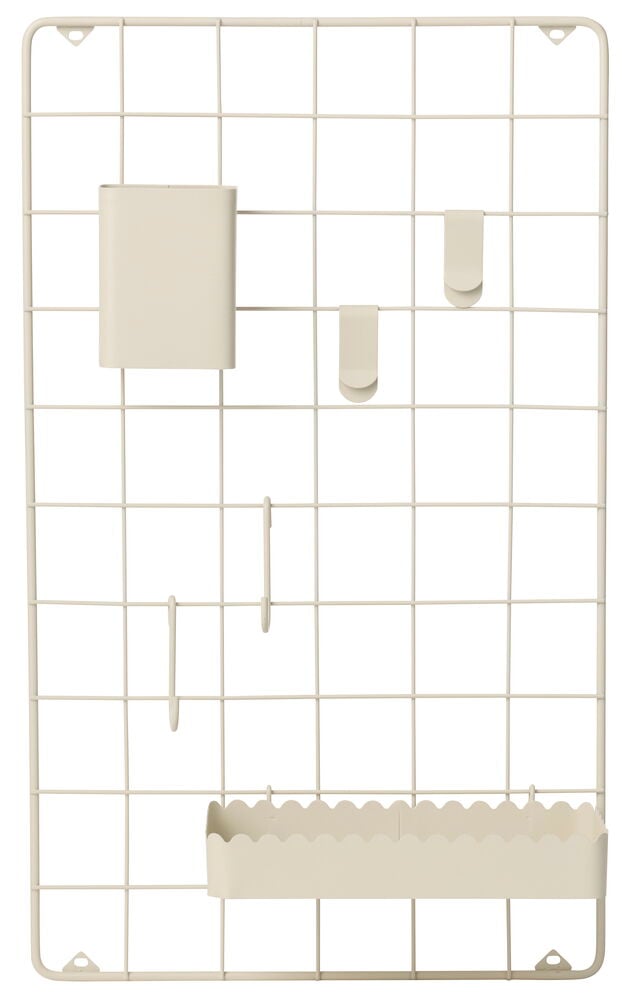 Beige 30x50x0.5 cm metallrutnätstavla med en behållare, två C-krokar, två S-krokar och en vågig bricka.