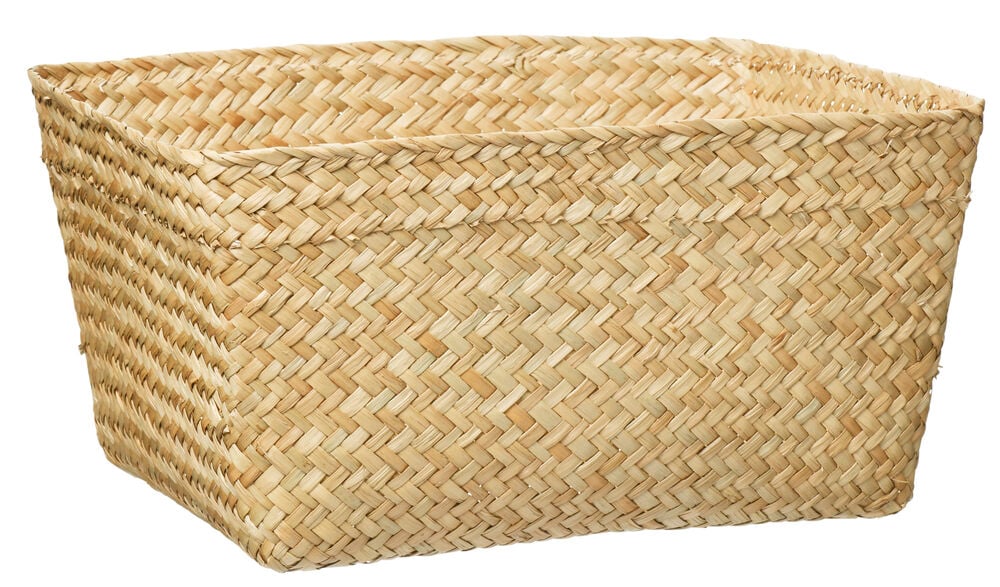 Rektangulär handvävd korg av naturligt sjögräs.