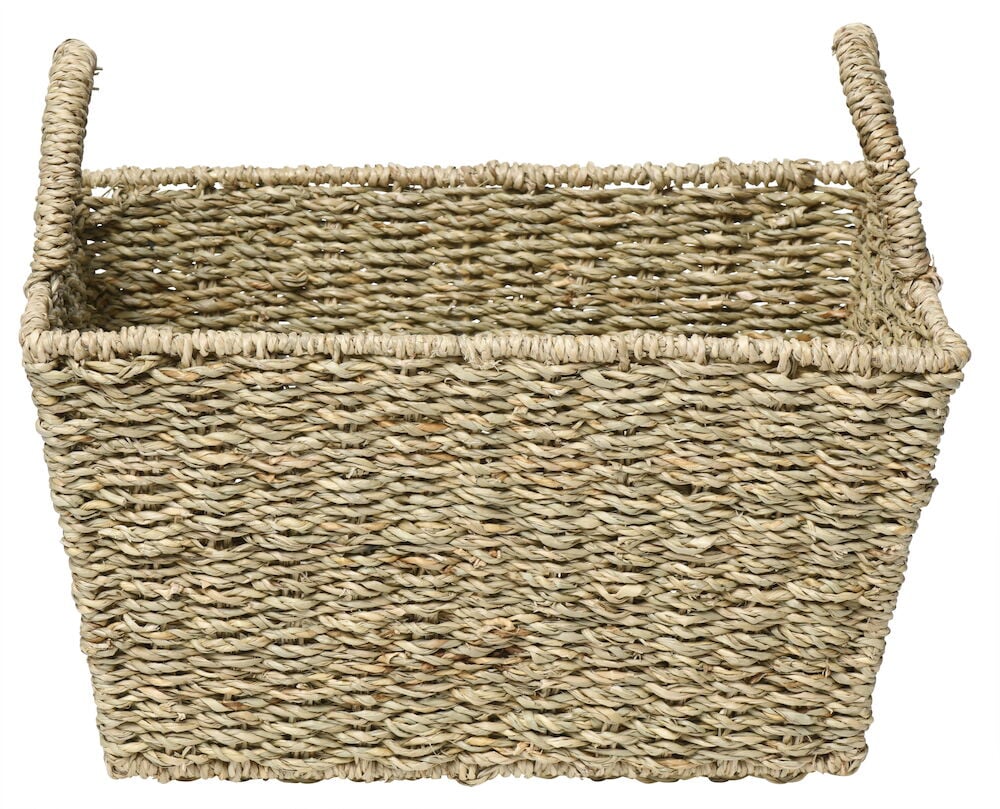Rektangulär sjögräskorg med handtag i naturfärg.