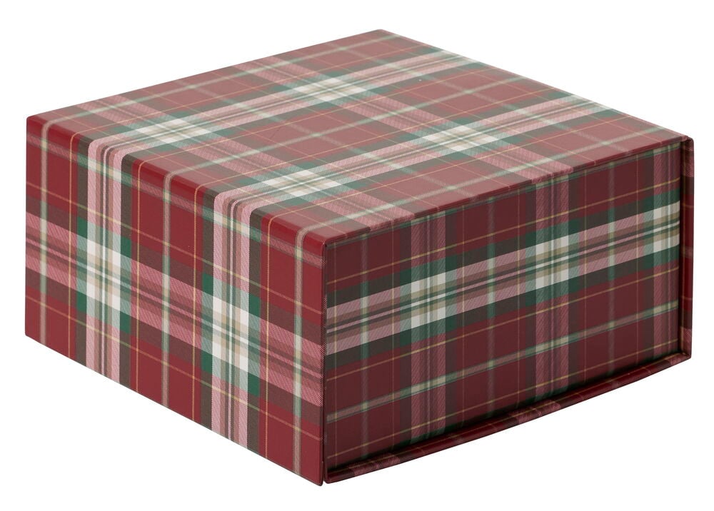 Rote, grüne, weiße und goldene karierte Weihnachtsgeschenkverpackung 18x18x8 cm, schräge Ansicht.