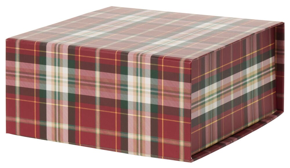 Ruudullinen lahjapakkaus jouluteemalla punaisena ja vihreänä.