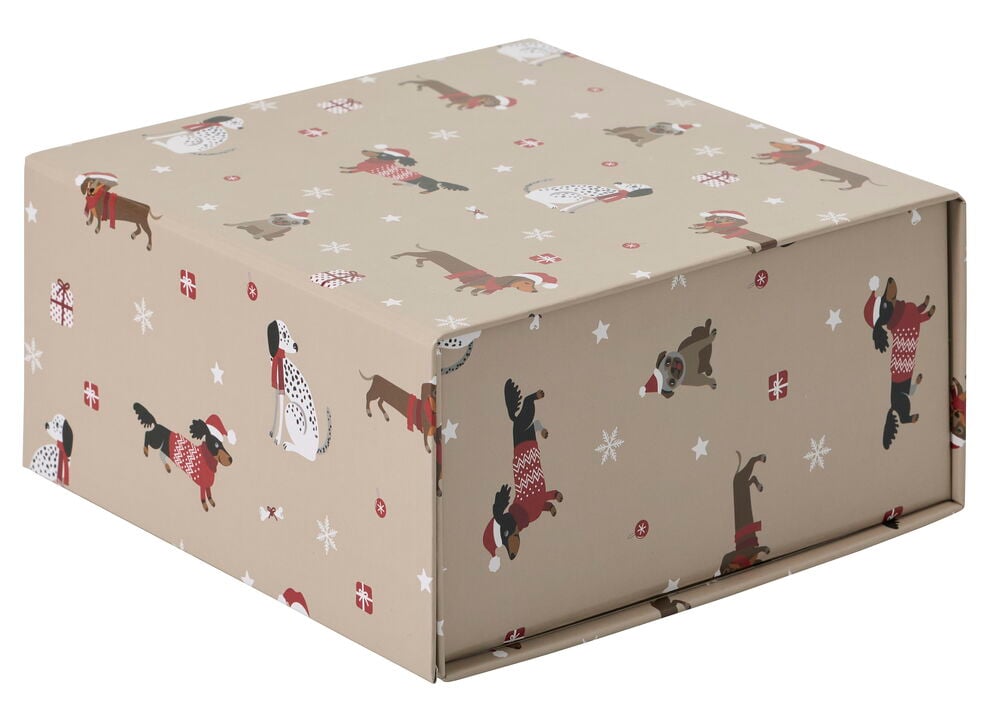 Geschenkverpackung 18x18x8 cm Weihnachten, beige mit festlichem Muster aus Hunden, Schneeflocken und Sternen.