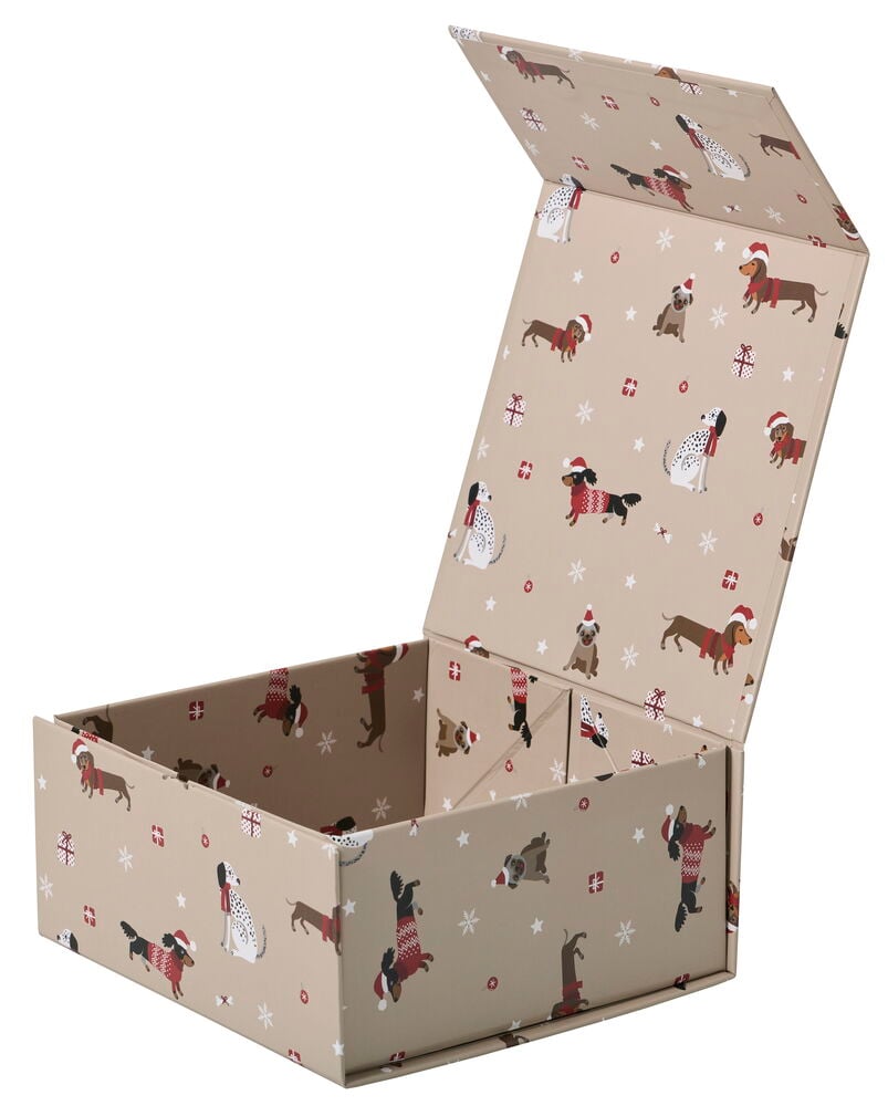 Geschenkverpackung 18x18x8 cm Weihnachten, beige und geöffnet, hat ein festliches Hunde- und Schneeflockenmuster.